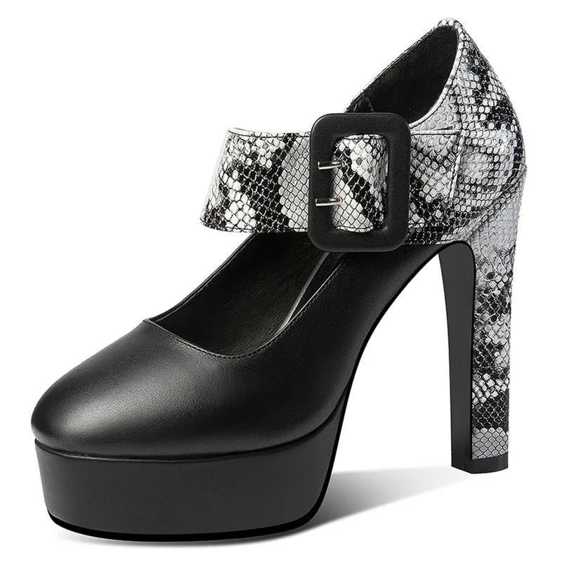 Genuine leather mixed color platform mary janes with buckle