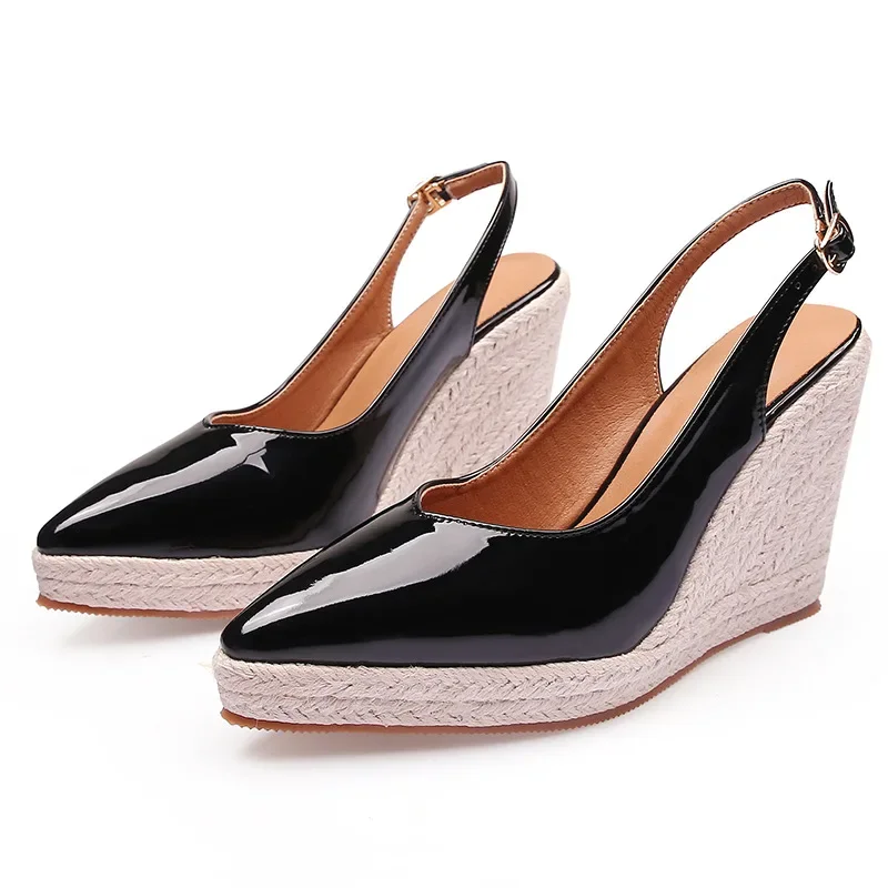 Wedge heel pointed toe patent leather shoes