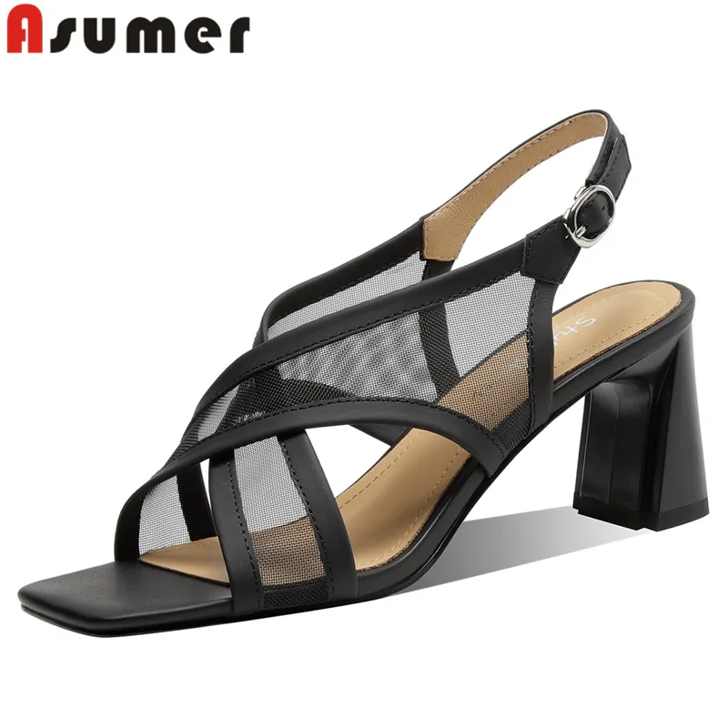 Genuine leather high heels slingback sandals with buckle