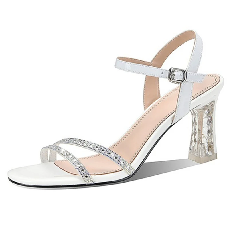 Crystal clear high heels sandals with square toe and sequins