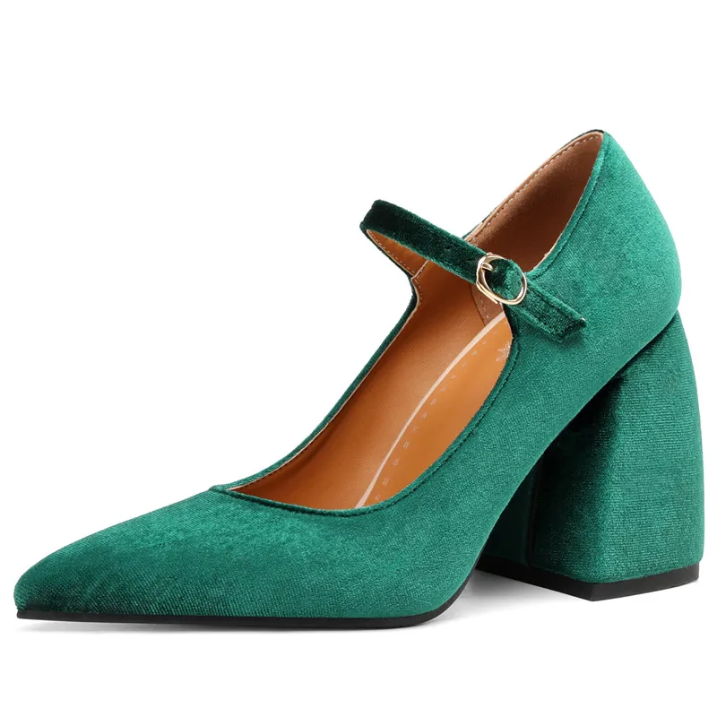 Flock mary jane pumps with buckle and high heels