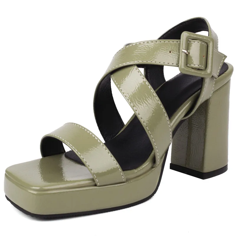 Patent leather platform sandals with buckle and thick heels