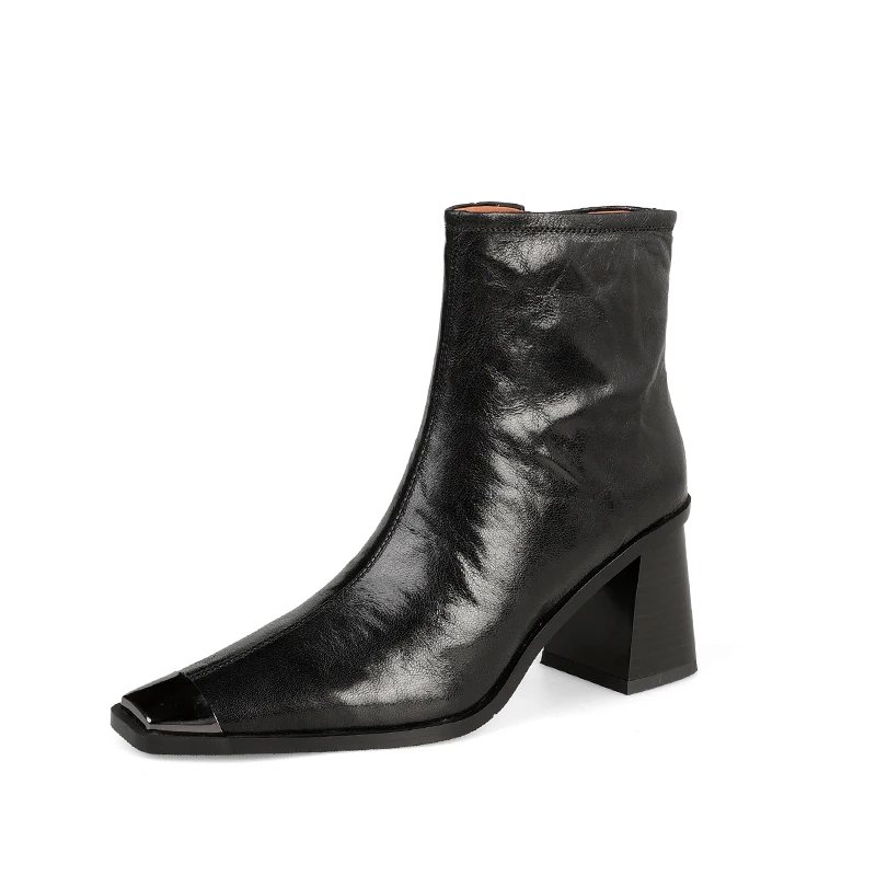 Genuine leather thick heel ankle boots for women