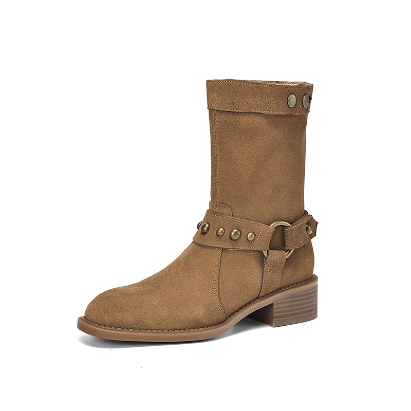 Cow suede ankle boots with buckles