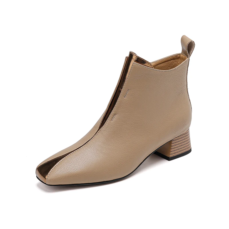 Genuine leather zipper square toe ankle boots