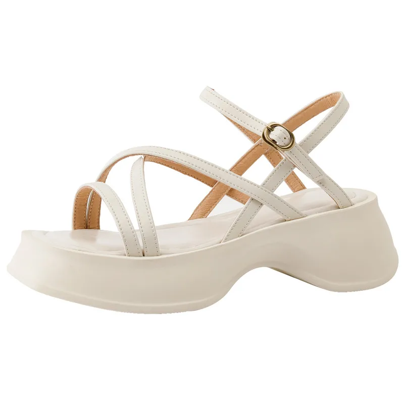 Genuine leather high heel platform sandals with buckle