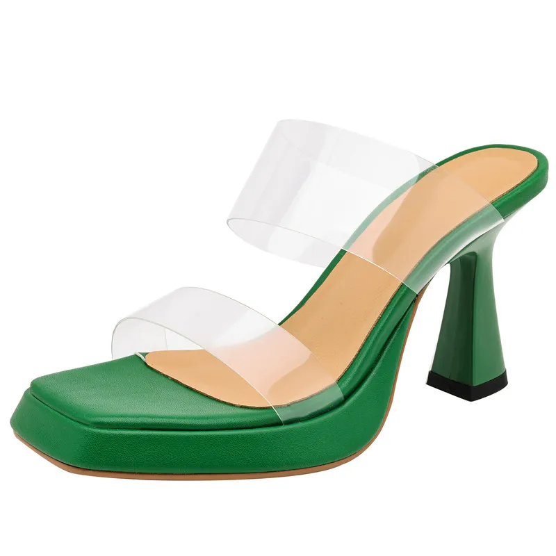 Transparent synthetic summer slippers with thick high heels