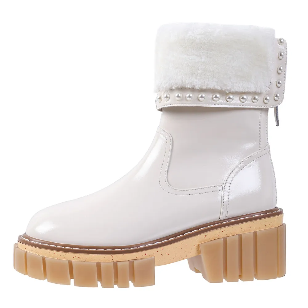 Warm plush leather ankle snow boots with zippers and thick heels