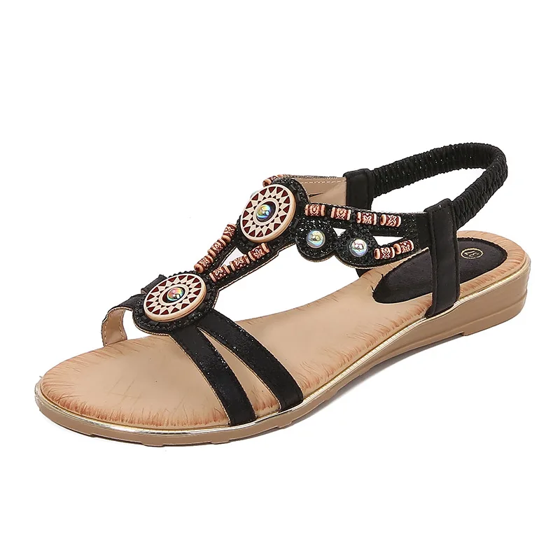Bohemian platform sandals with beading and elastic comfort