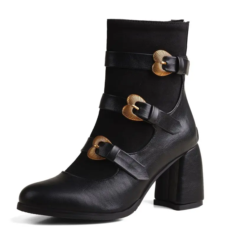 Chunky heel ankle boots with zipper and belt buckle