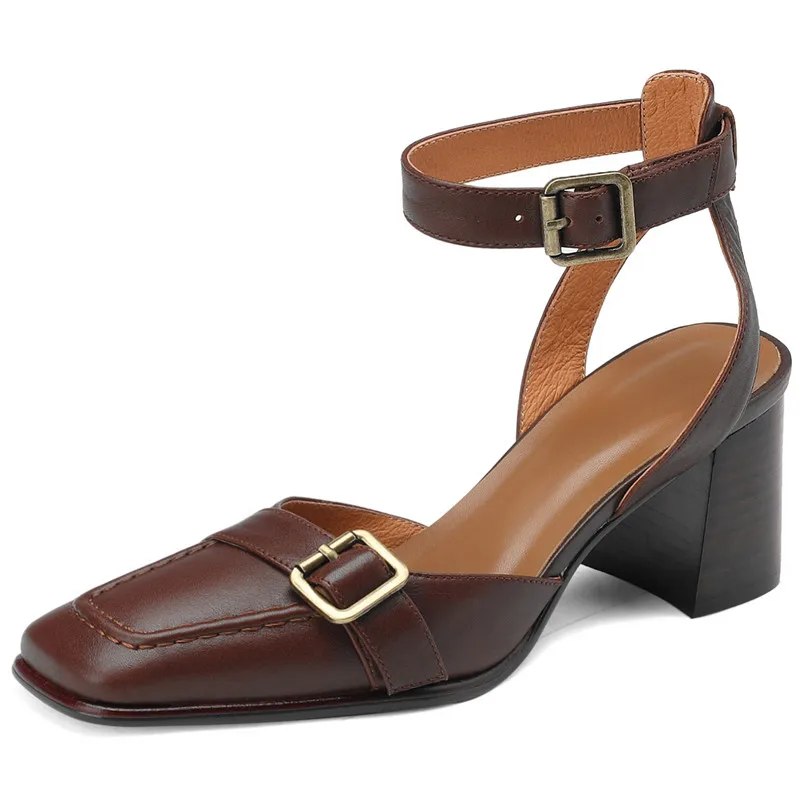 Thick high heels slingback sandals in genuine leather