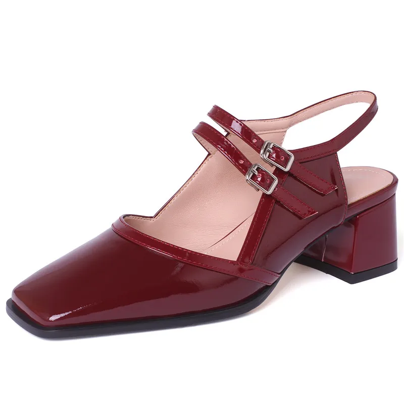 Patent leather square toe slingback sandals with thick heels