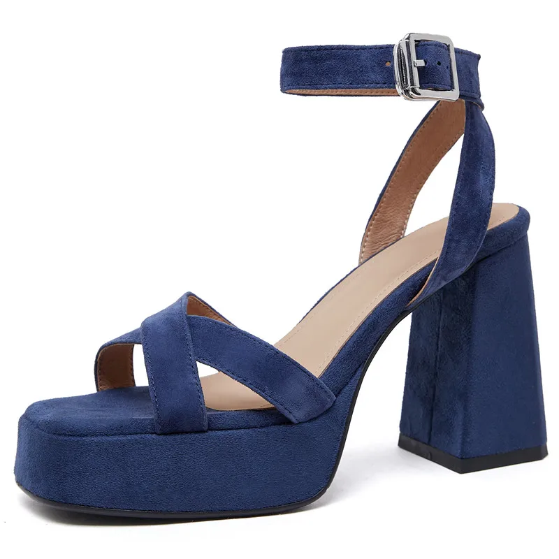 Sued leather summer platform sandals with buckle and thick heels