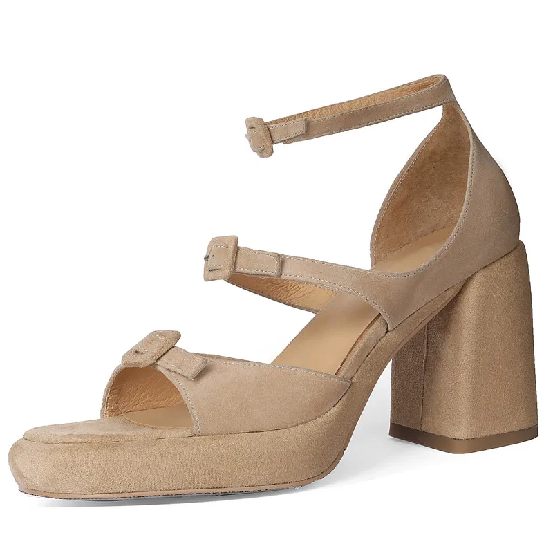 Suede leather high heel platform sandals with buckle