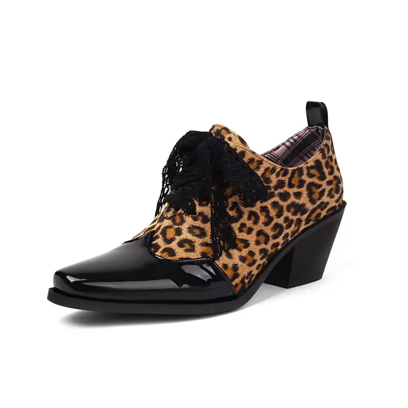 Patent leather block heels lace up mixed color pumps