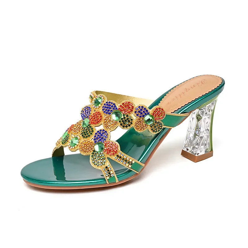Rhinestone thick heel open toe sandals