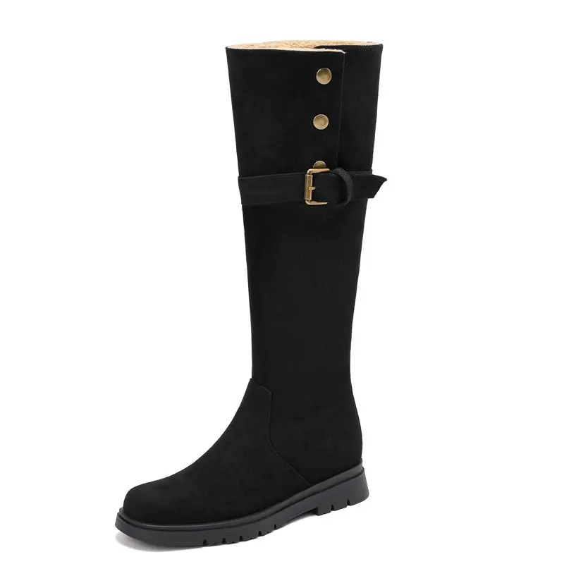 Suede knee boots with belt buckle and metal decor
