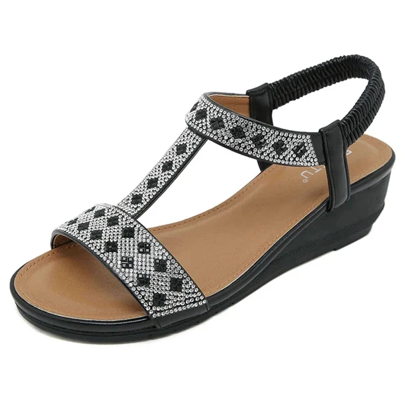 Bohemian elastic strap wedge sandals