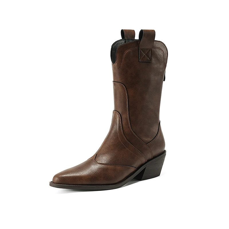 Elegant high heel leather mid-calf boots