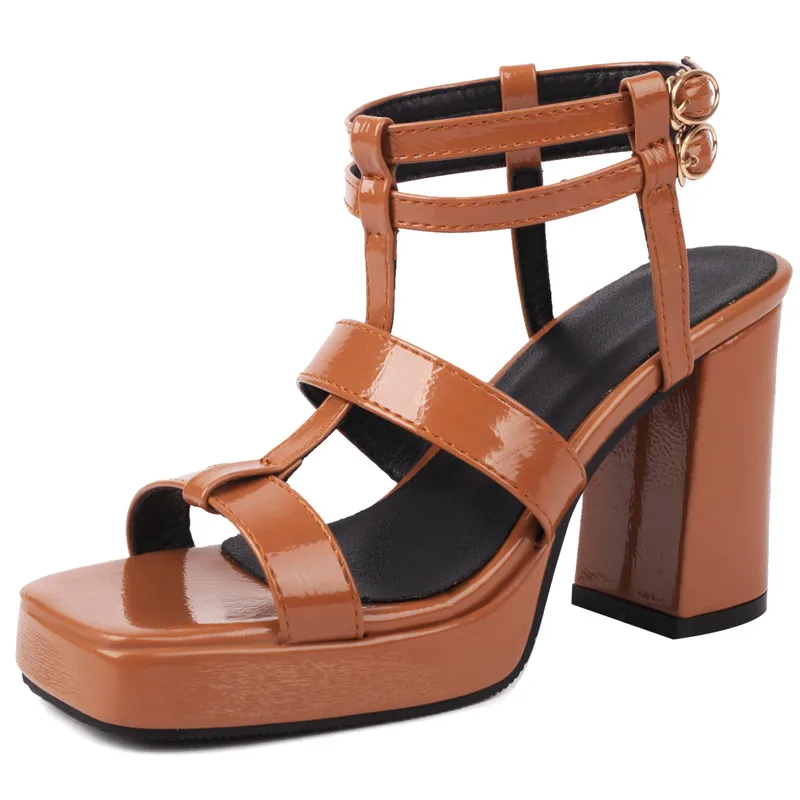 Patent leather slingback sandals with thick high heels