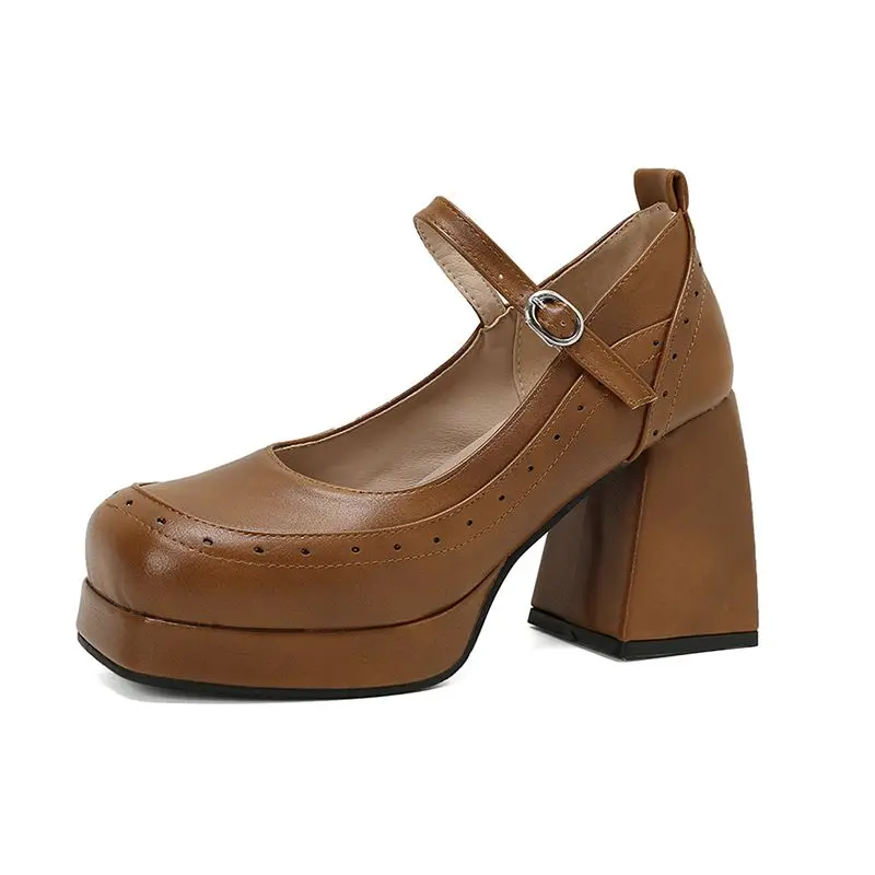 Fashionable block heel platform pumps with buckle strap