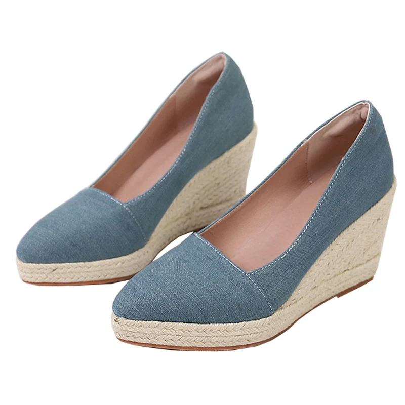 Blue canvas wedge espadrilles pointed toe slip-on pumps