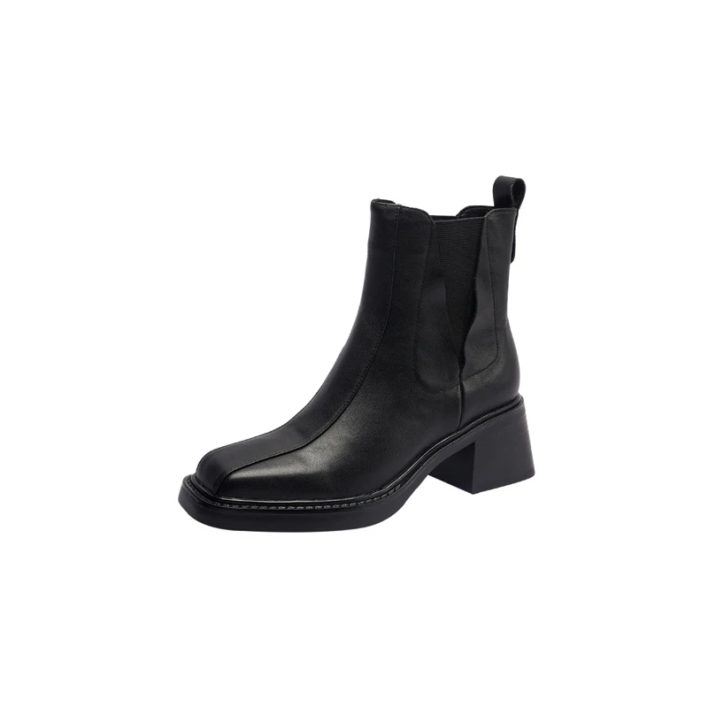 Genuine leather square toe ankle boots with thick heels
