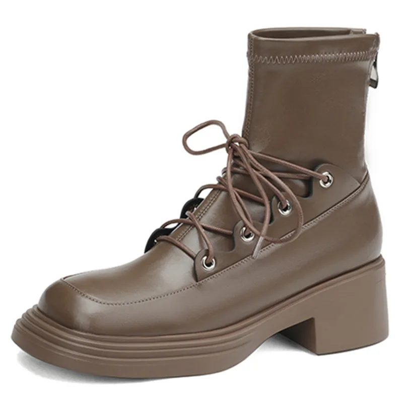 Genuine leather platform ankle boots with zipper and cross ties