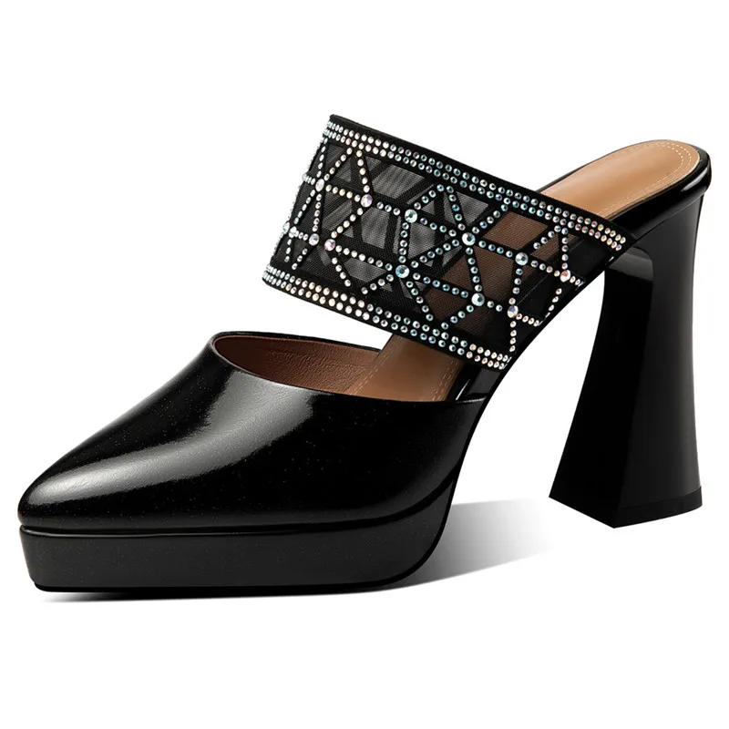 Patent leather mesh dance mules with thick platform heels