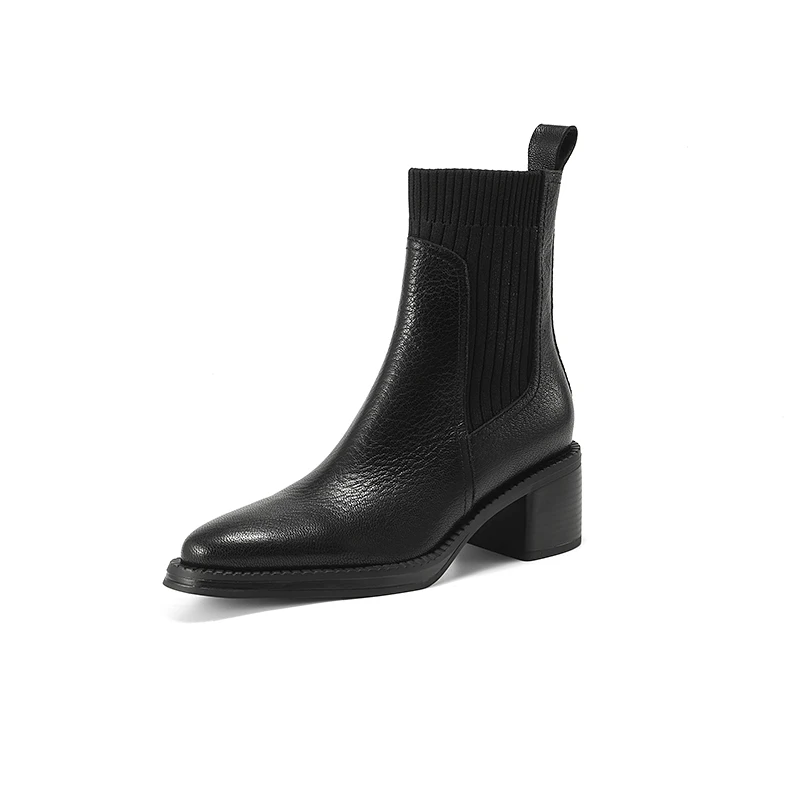 Genuine leather round toe chelsea boots with thick heel and fur lining