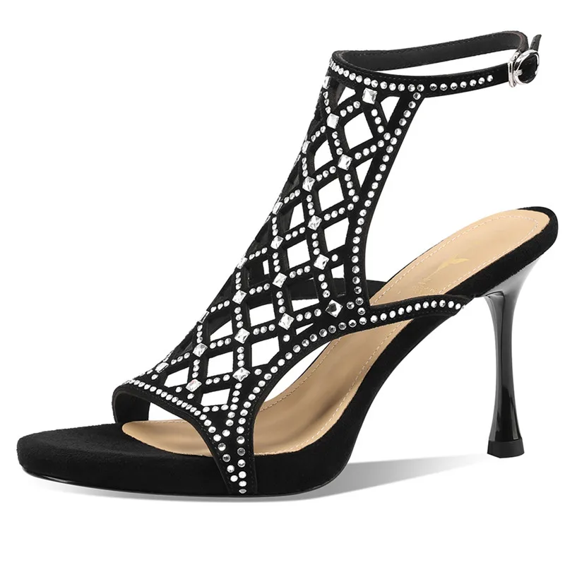 Suede leather rhinestone high heel sandals