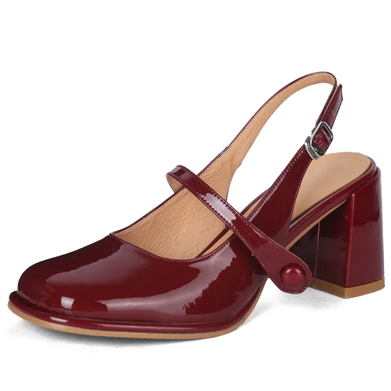 Elegant slingback patent leather sandals with thick high heels