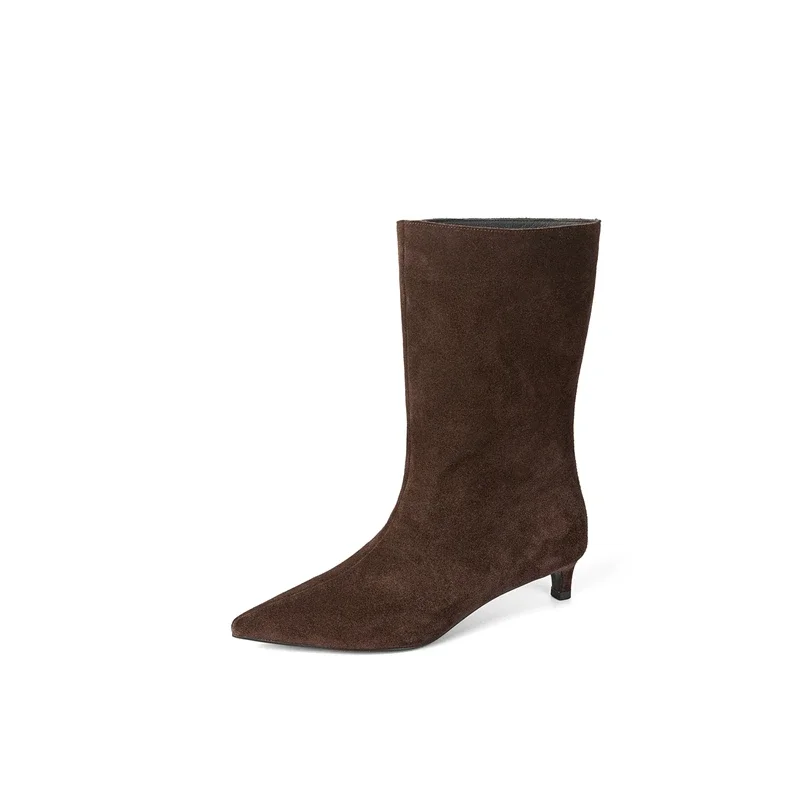 Pointed toe mid-calf kitten heels boots