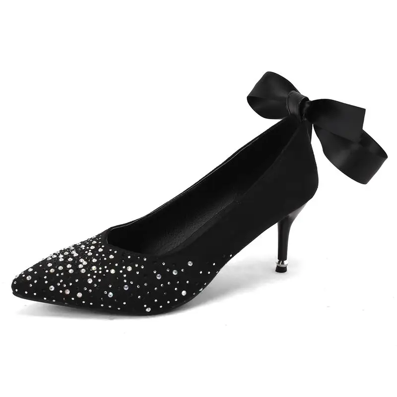 Stylish pointed toe pumps with bowknot and crystal accents