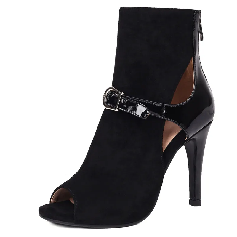 Peep toe microfiber summer ankle boots with zipper and thin heels