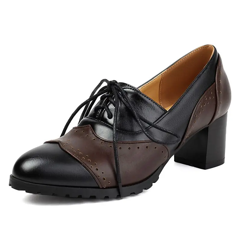Vintage lace-up block heels hollow design mixed color shoes