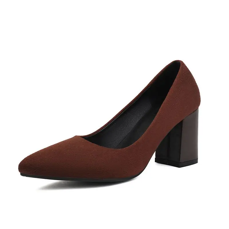 Block high heels slip-on pointed toe pumps