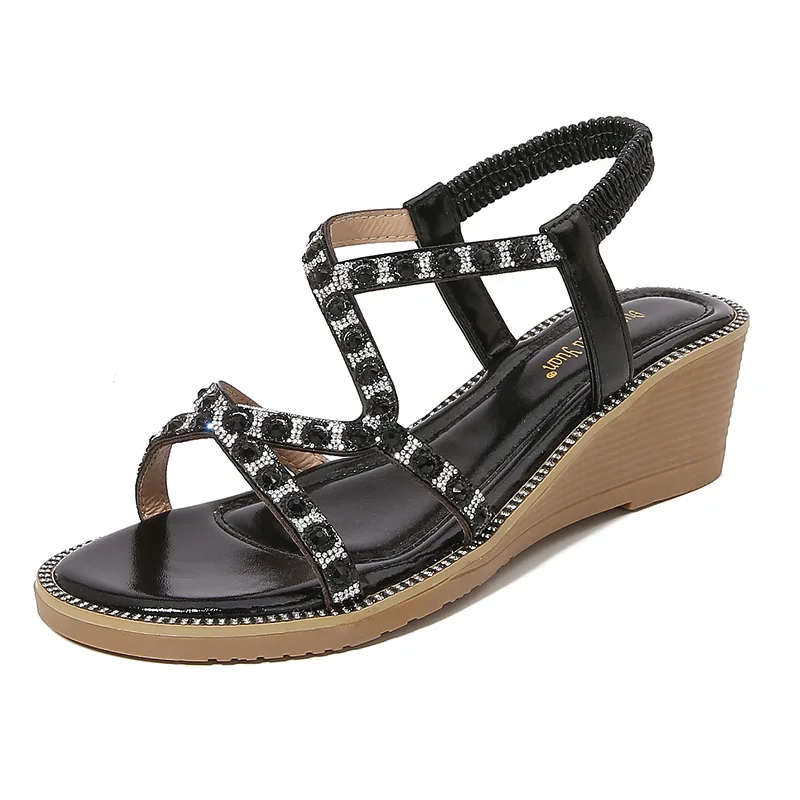 Beige summer wedge sandals with thick sole