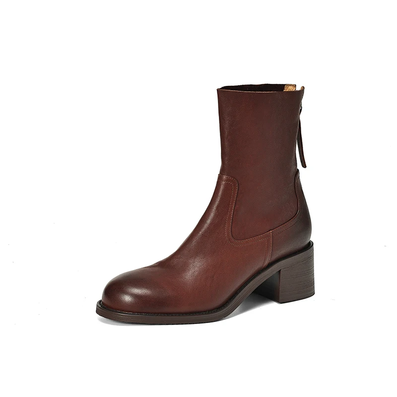 Elegant leather back zipper warm boots with thick heels