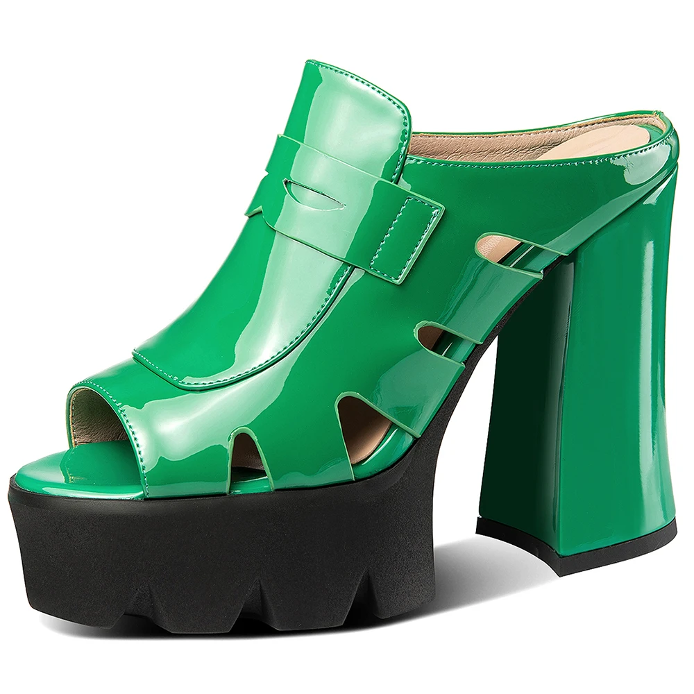 Peep toe slingback patent leather sandals thick heels