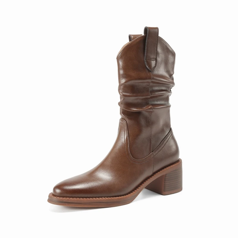 Chunky heel round toe ankle boots in split leather