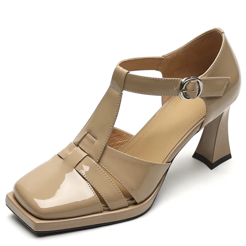 Patent leather buckle platform sandals with thick heels