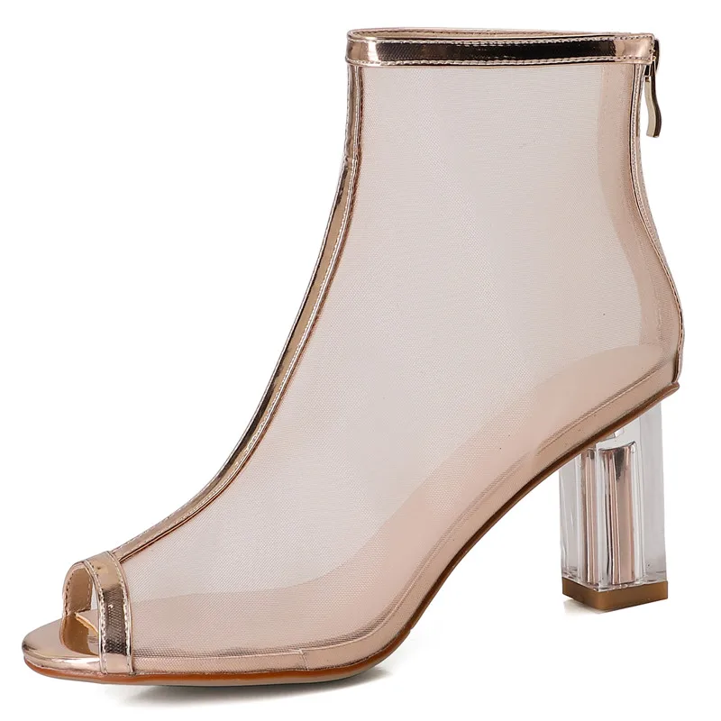 Peep toe mesh summer ankle boots with high heels