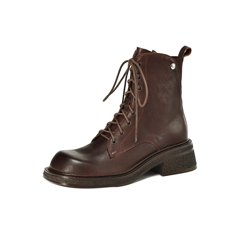 Genuine leather motorcycle ankle boots with thick heels