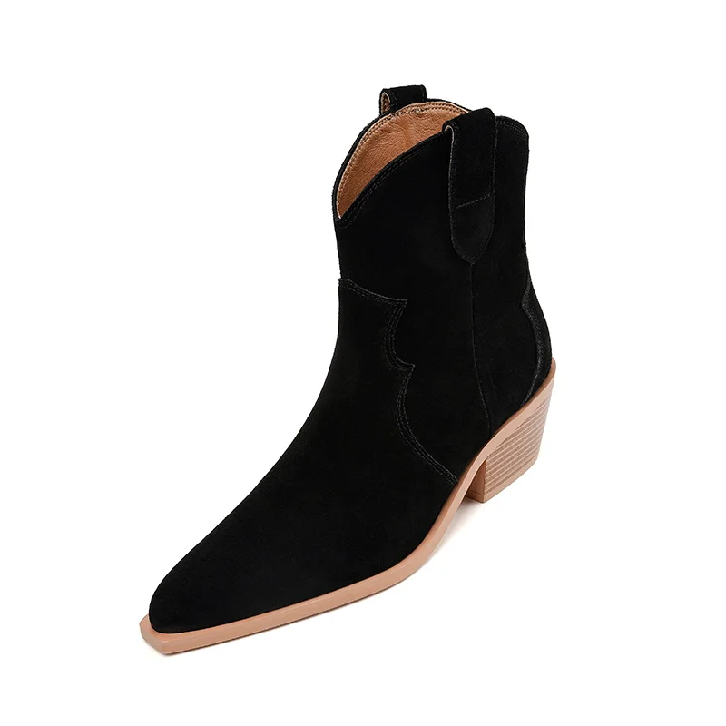 Suede western cowboy boots with thick heels