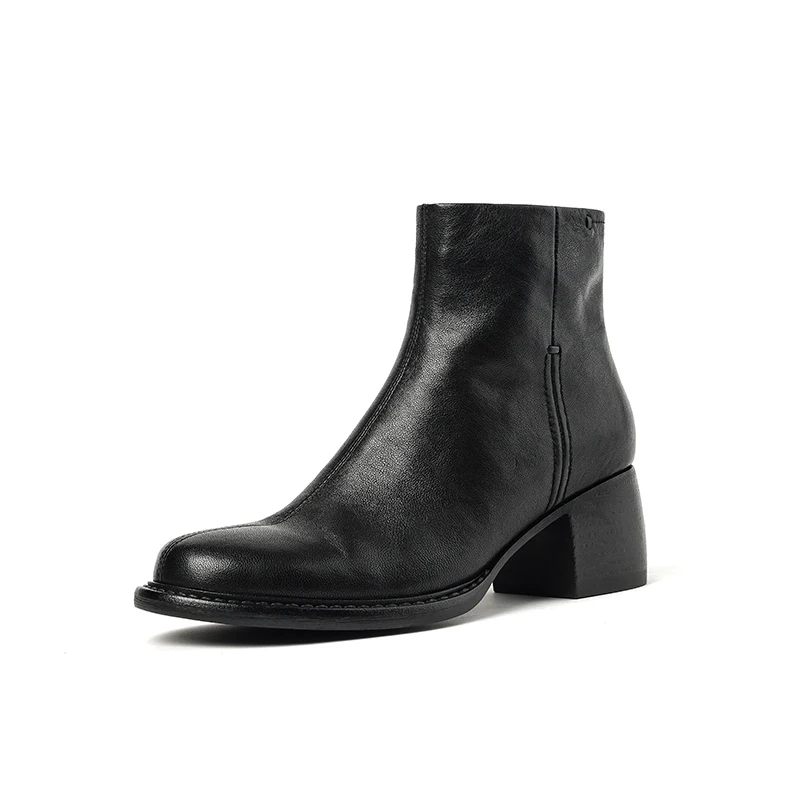 Genuine leather ankle boots with thick heels and side zipper