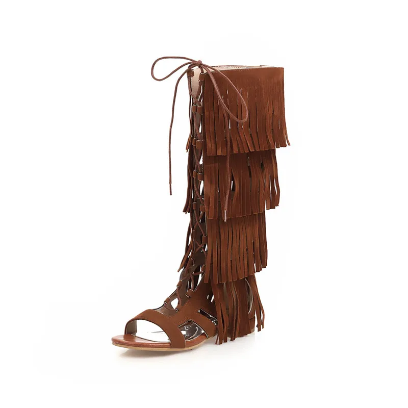 Knee high flock boots with zip and tassel