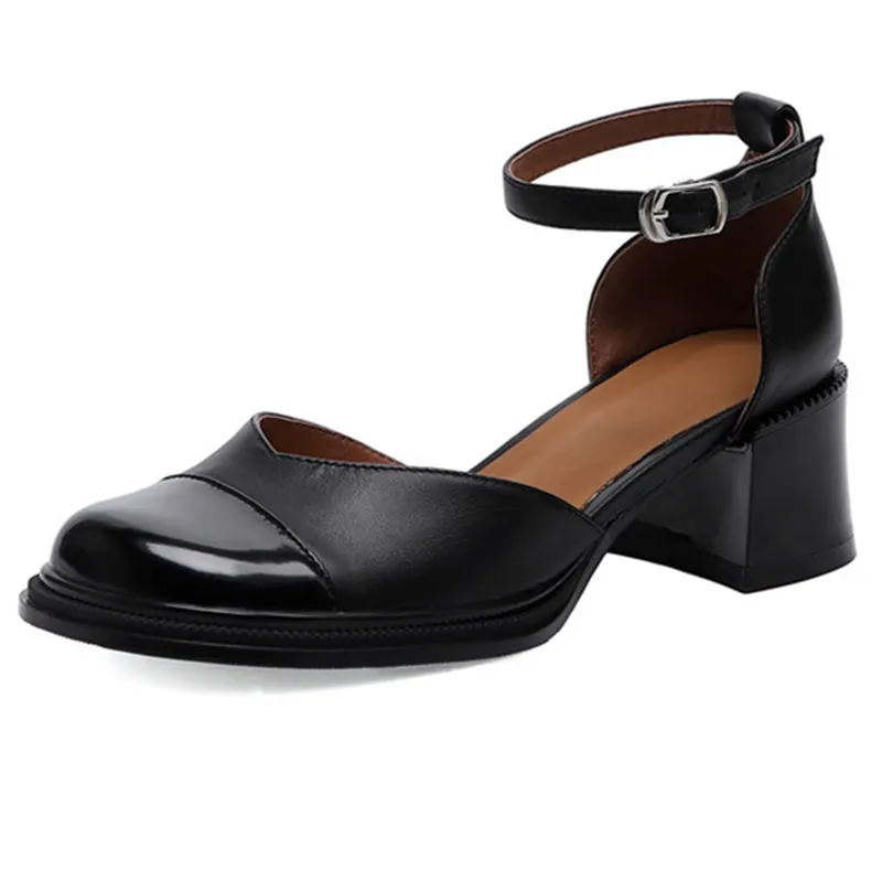 Genuine leather mary jane pumps with ankle buckle and square heels