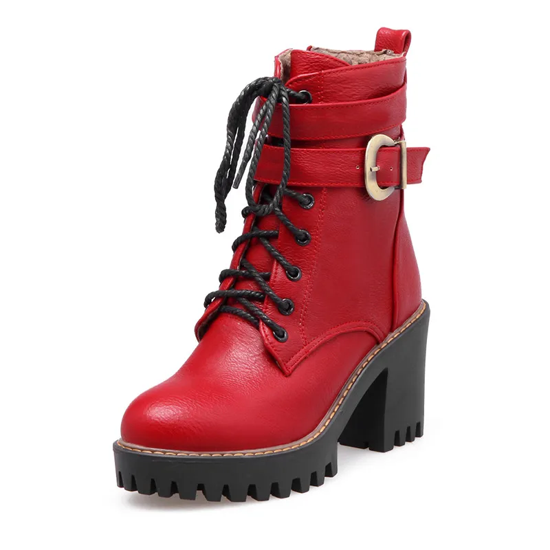 Black and wine red ankle boots with zipper and buckle