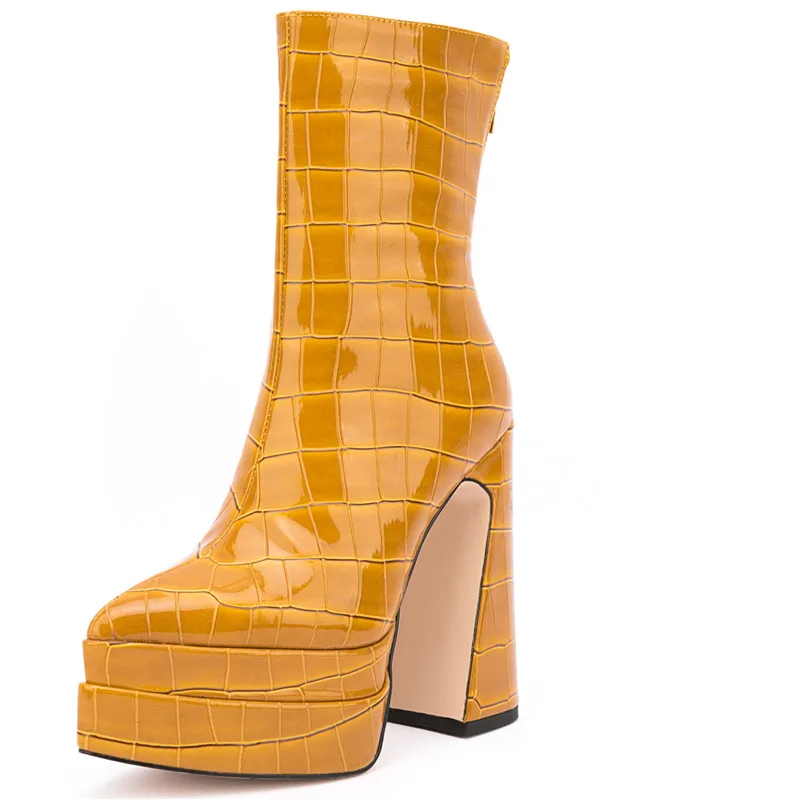 Thick high heels mid calf platform boots